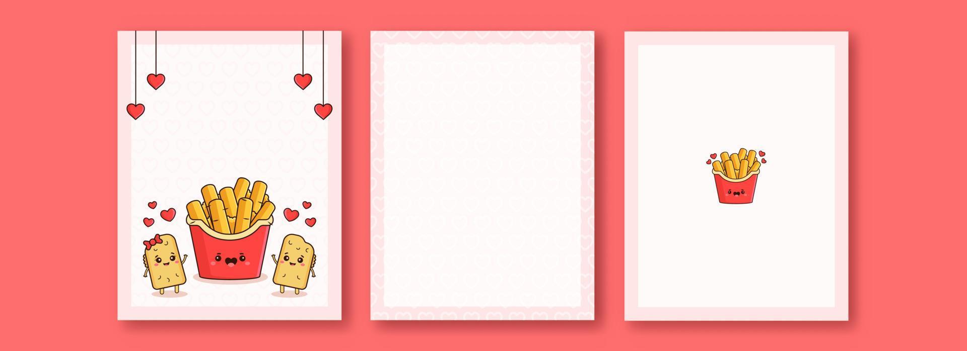 Valentine's Day Greeting Cards With Mascot Pizza Puffs Couple Character, French Fries Box And Space For Text. vector