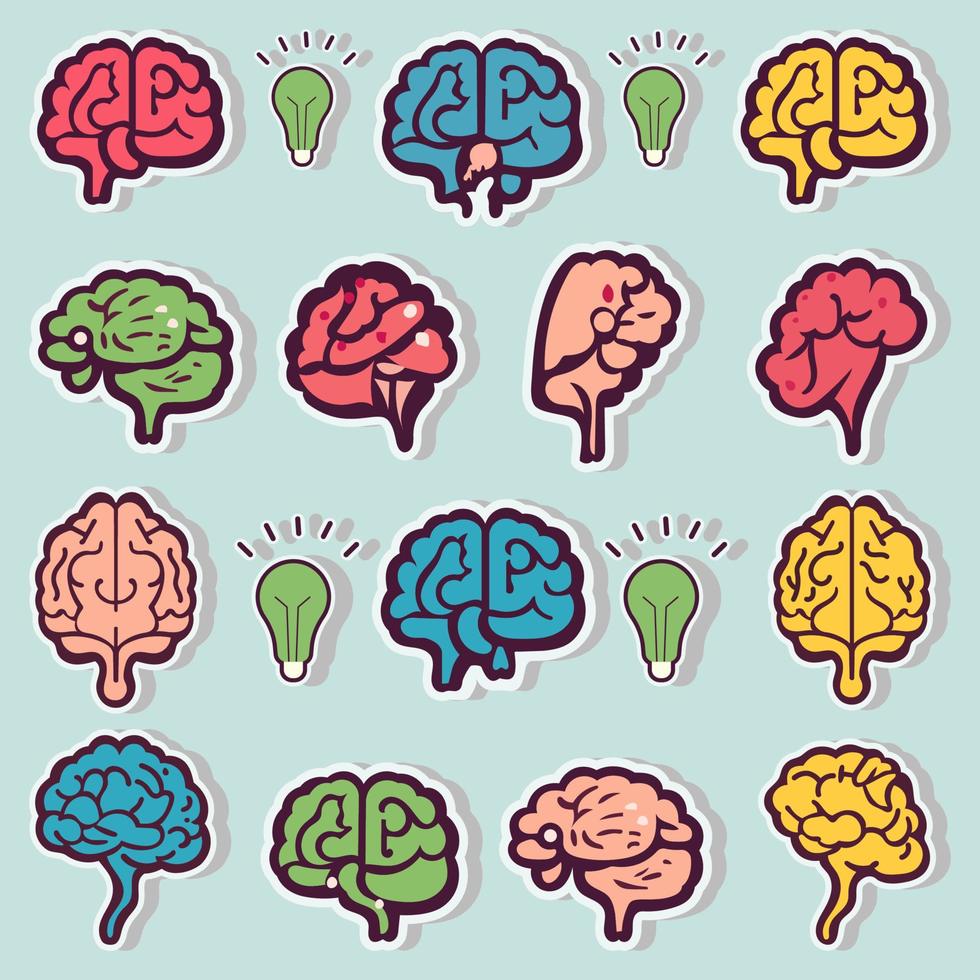 Collection of Sticker Brains With Illuminate Bulbs Elements. vector