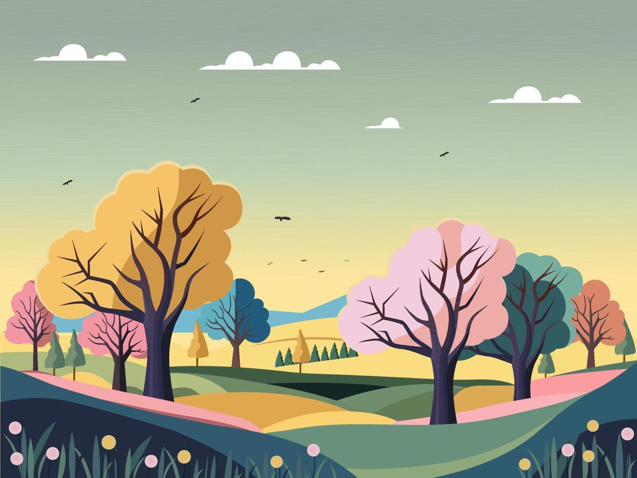 Beautiful Nature Landscape Background With Trees, Flying Birds. vector