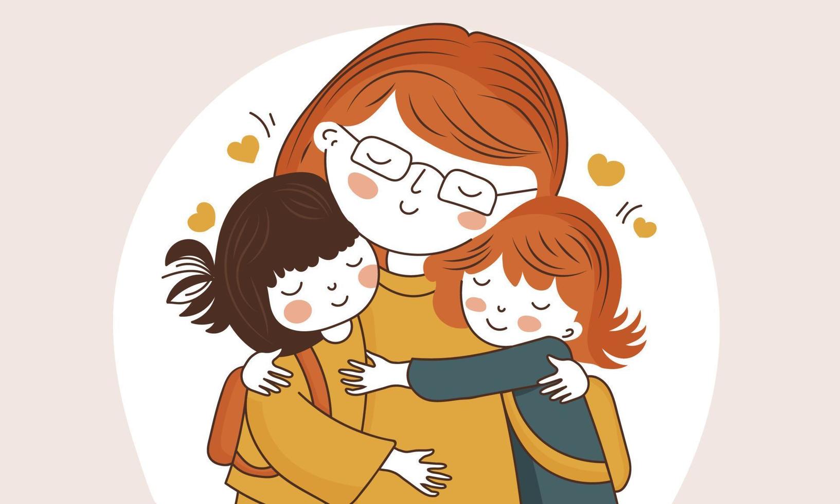 Young Woman Character Hugging Her Cute Students On Beige Background And Copy Space. vector