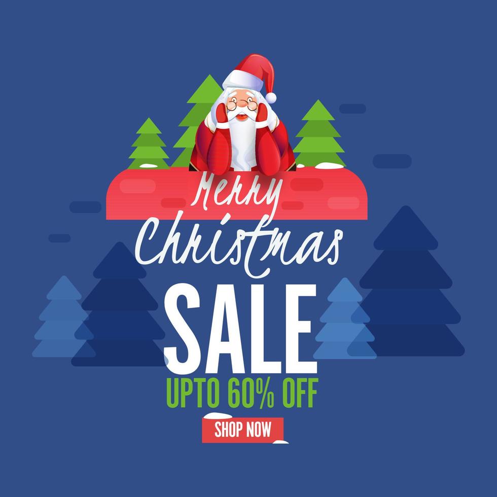 Merry Christmas Sale Poster Design with Discount Offer and Cartoon Santa Claus Character on Blue Xmas Tree Background. vector