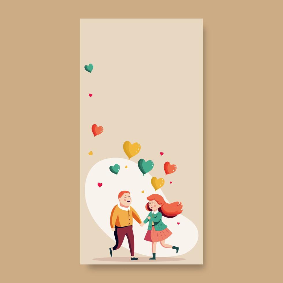 Cheerful Young Boy And Girl Holding Hands Together With Colorful Heart Balloons Decorated Beige Background And Copy Space. vector