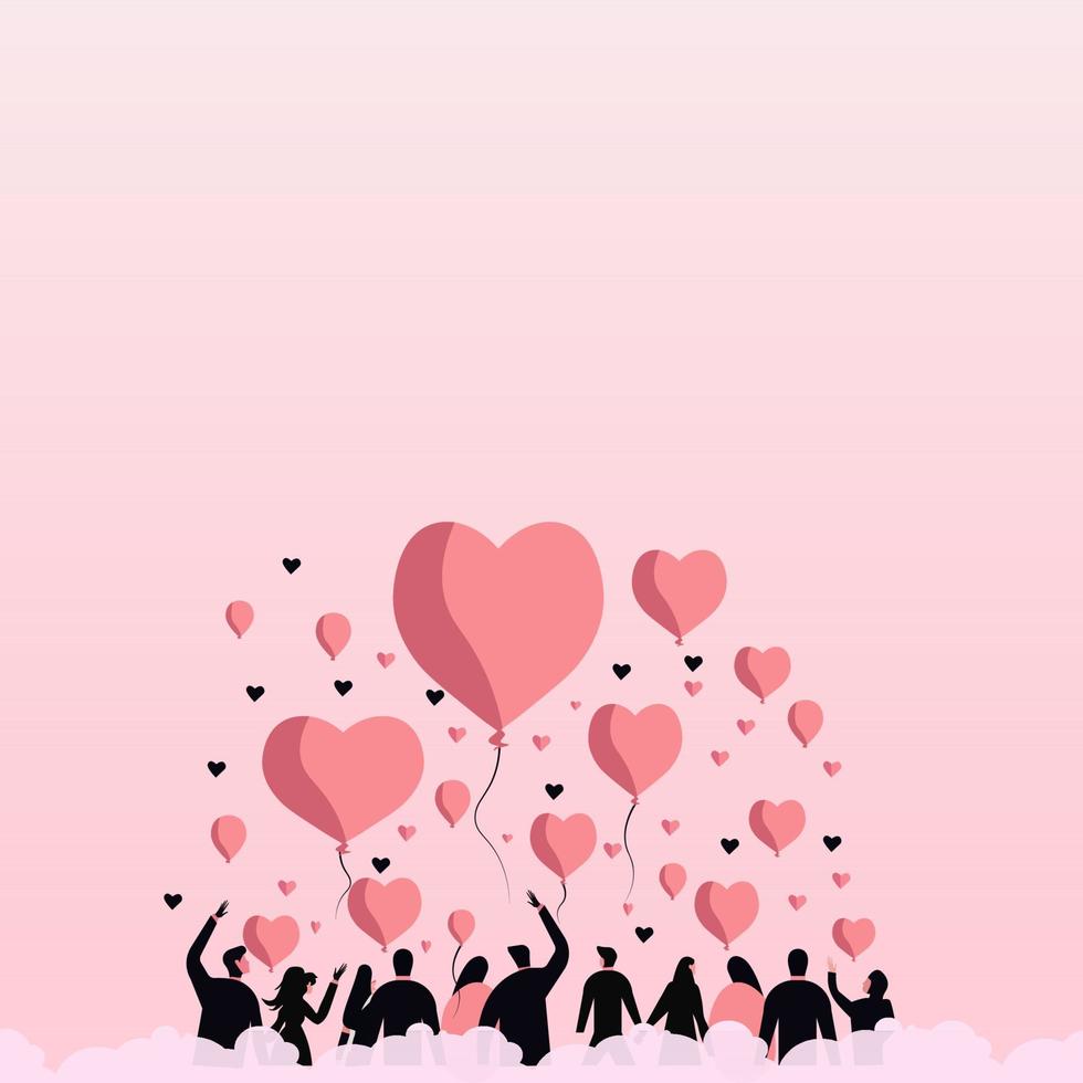 posterior ver de personas o parejas disfrutando con globos, corazón formas en pastel rosado antecedentes y Copiar espacio. vector