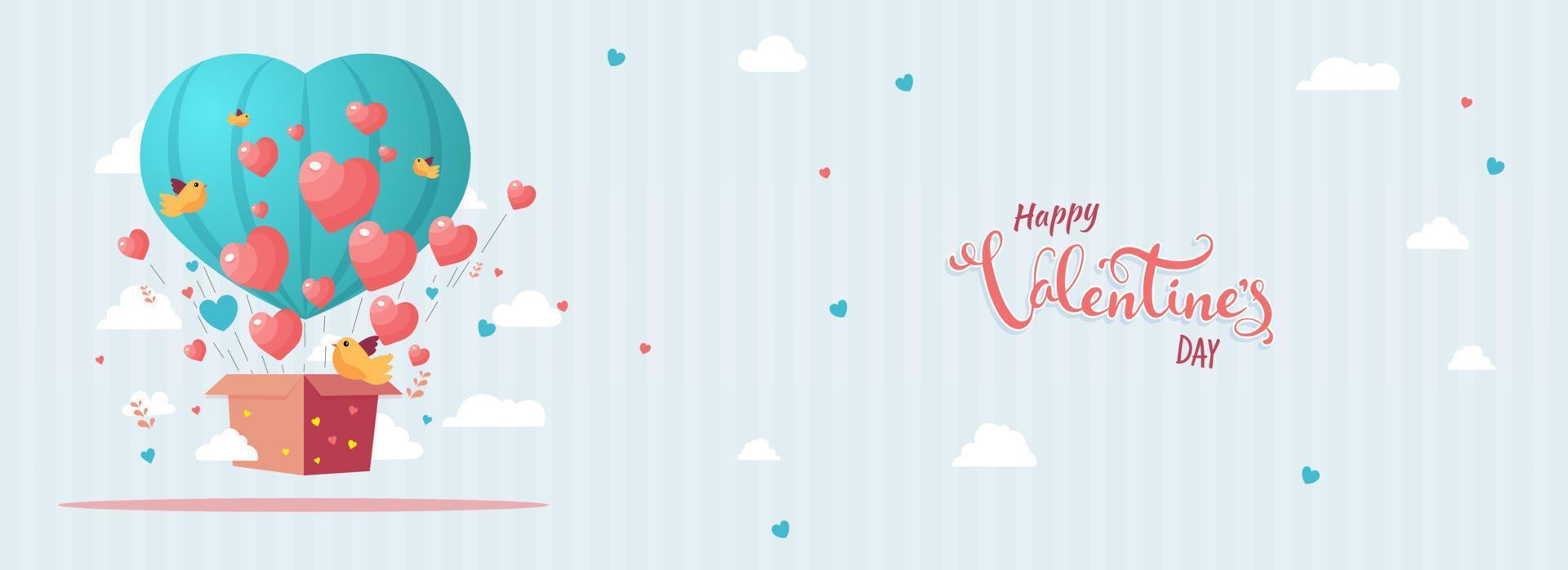 Happy Valentine's Day Concept With Heart Shapes Coming Out of Cardboard Box, Flying Birds, Clouds Decorated On Stripe Pattern Background. vector