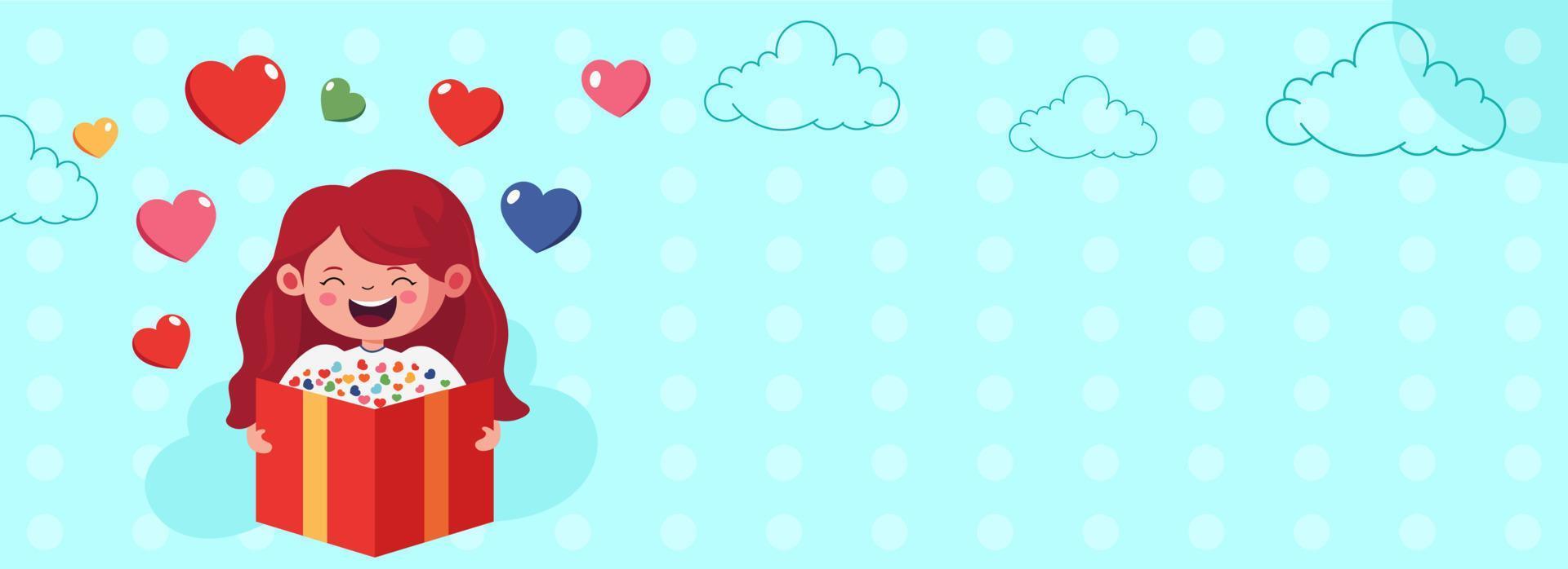 Laughing Girl Holding Card Or Letter With Colorful Hearts, Clouds On Pastel Blue Dotted Background And Copy Space. Love Or Valentine Concept. vector