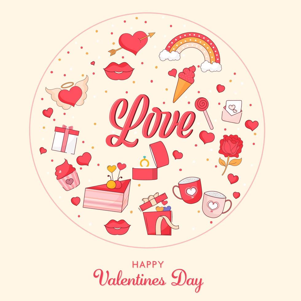 contento San Valentín día saludo tarjeta con amor elementos decorado antecedentes. vector