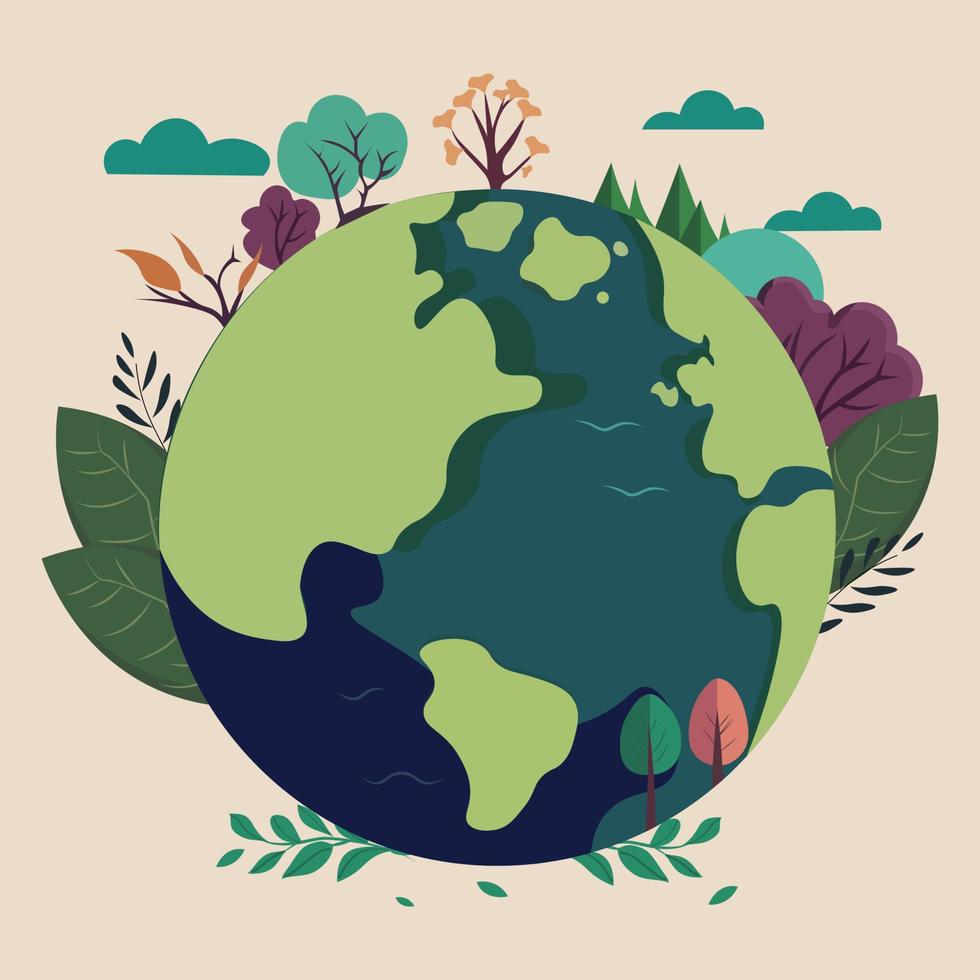 Vector Illustration of Earth Globe Surrounded By Trees, Leaves On Beige Background.