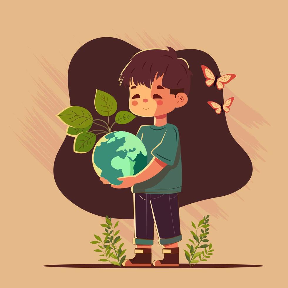 Cute Boy Character Holding Earth Globe With Plants, Butterflies On Abstract Background. vector