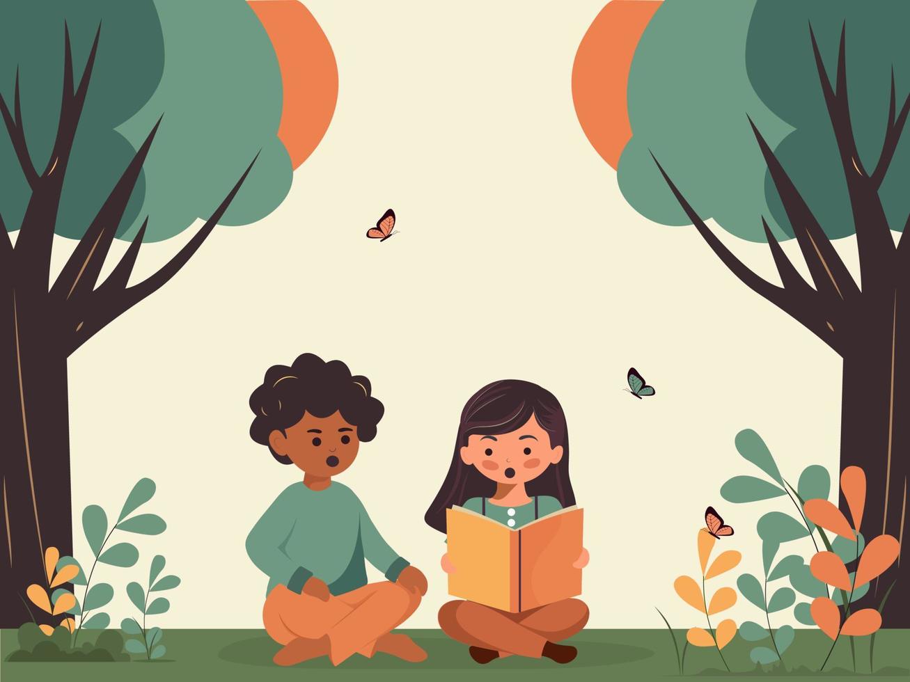 niños personaje leyendo un libro juntos y mariposas en naturaleza antecedentes. vector