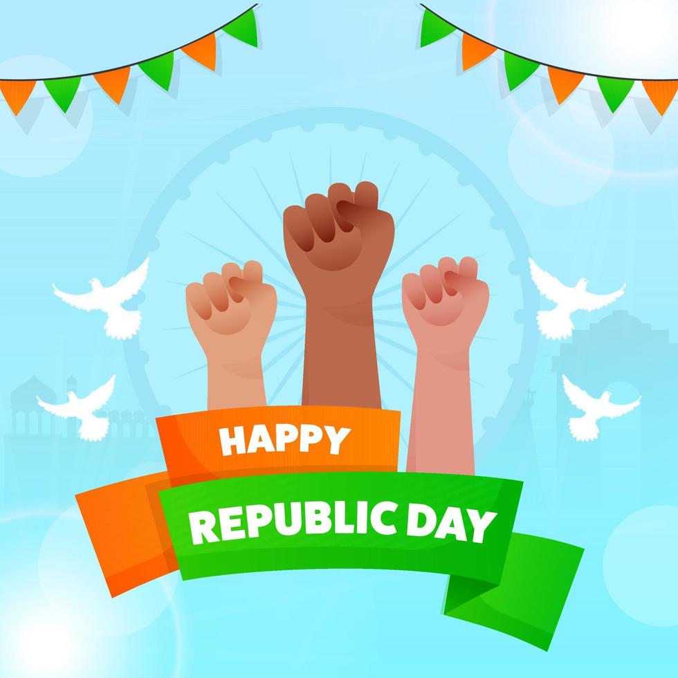 Happy Republic Day Text Ribbon With Fist Up Hands, Flying Pigeons And Bunting Flags On Shiny Cyan Background. vector