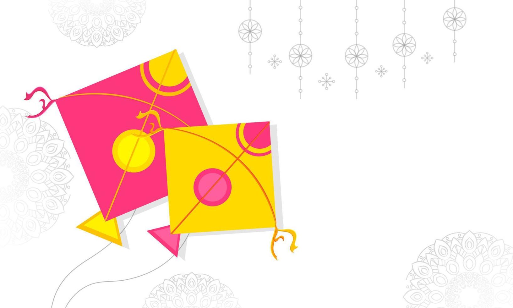 Top View Kites With Line Art Floral Oriental Hang And Copy Space On White Mandala Pattern Background. vector