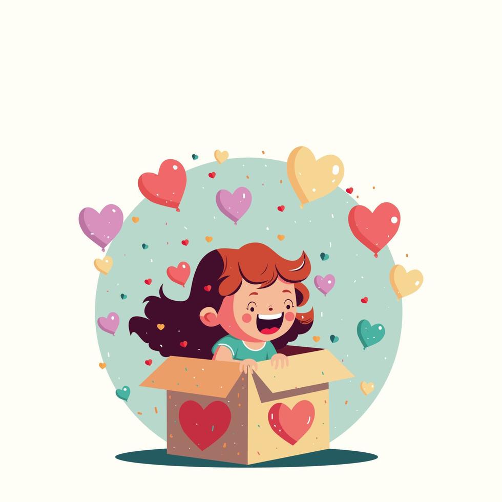 Excited Funny Girl With Heart Balloons Coming Out From Inside Surprise Box And Copy Space. vector