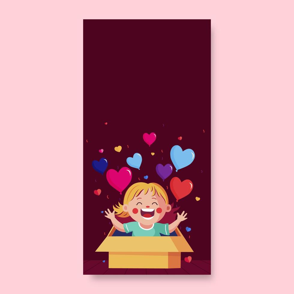 emocionado gracioso niña con corazón globos viniendo fuera desde dentro sorpresa caja en oscuro rosado antecedentes y Copiar espacio. vector