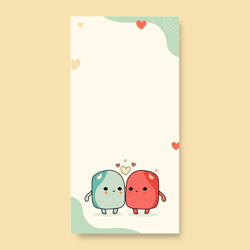 Cute Mascot Cube Couple Character With Hearts On Green And Beige Fluid Background And Copy Space. Love Or Valentine Concept. vector