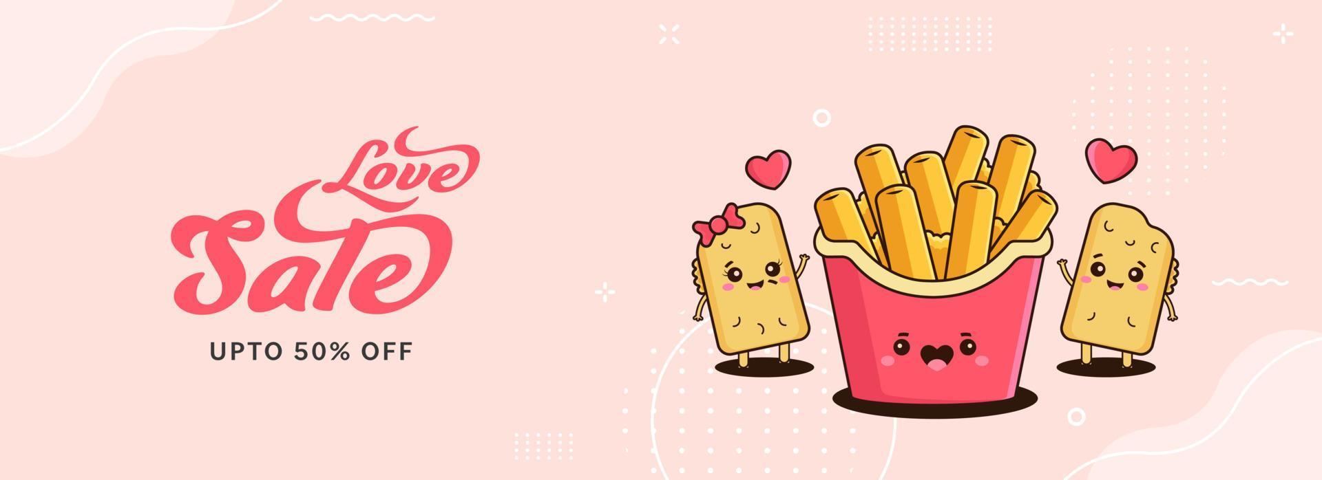 arriba a 50 apagado para amor rebaja bandera o encabezamiento diseño con gracioso Pizza bocanadas o patata Pareja y francés papas fritas caja. contento San Valentín día concepto. vector