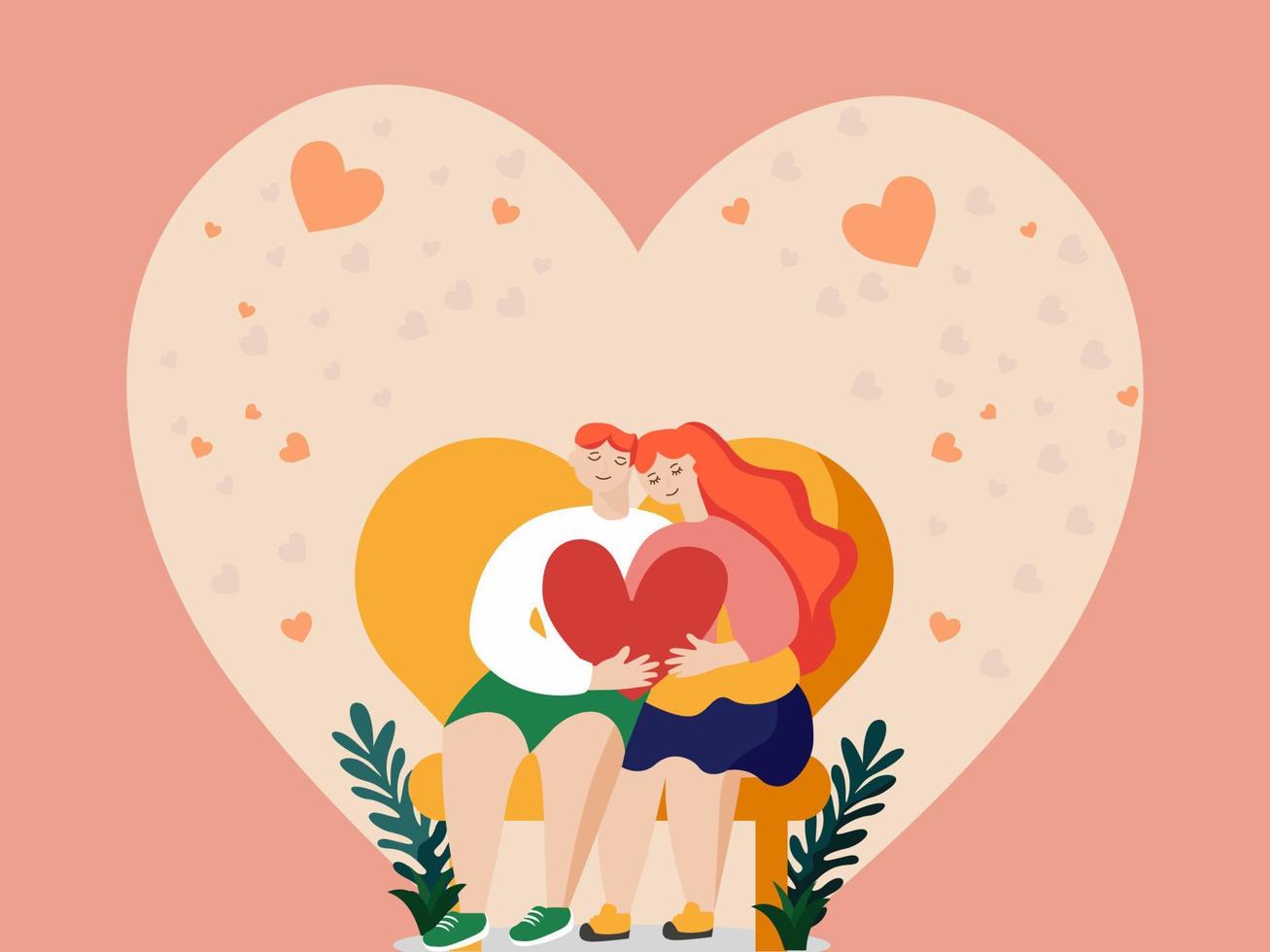 Romantic Young Couple Character Sitting On Bench Against Hearts Decorated Peach Background. Valentine's Day Concept. vector