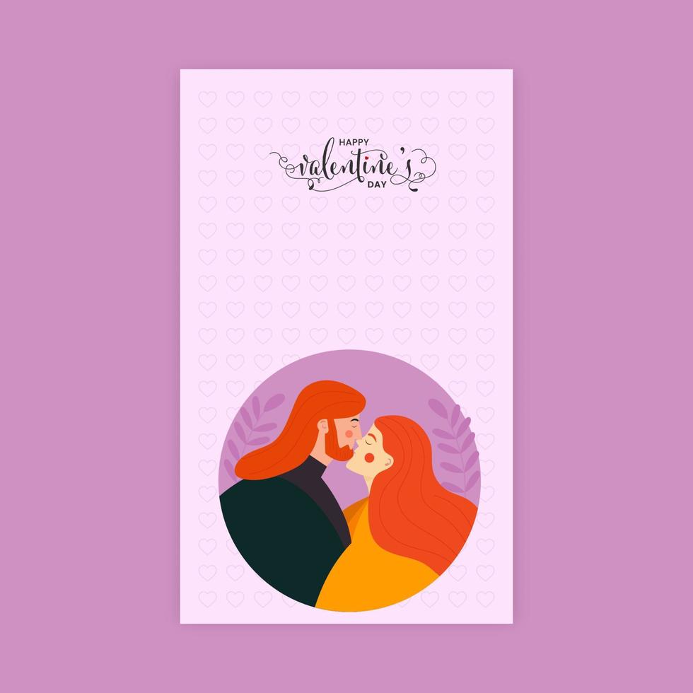 Happy Valentine's Day Vertical Banner With Romantic Young Couple Kissing On Heart Pattern Background. vector