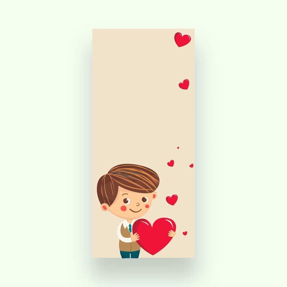sonriente chico personaje participación un rojo corazón con minúsculo corazón formas en beige antecedentes y Copiar espacio. San Valentín día o amor concepto. vector