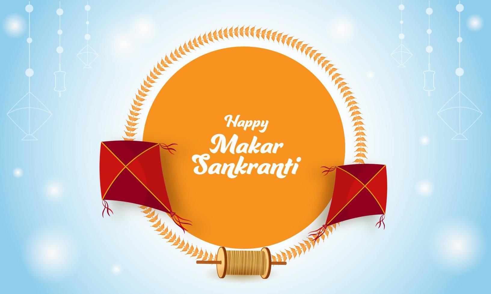 Happy Makar Sankranti Font Over Orange Circular Frame With Kites, String Spool On Blue Lights Effect Background. vector