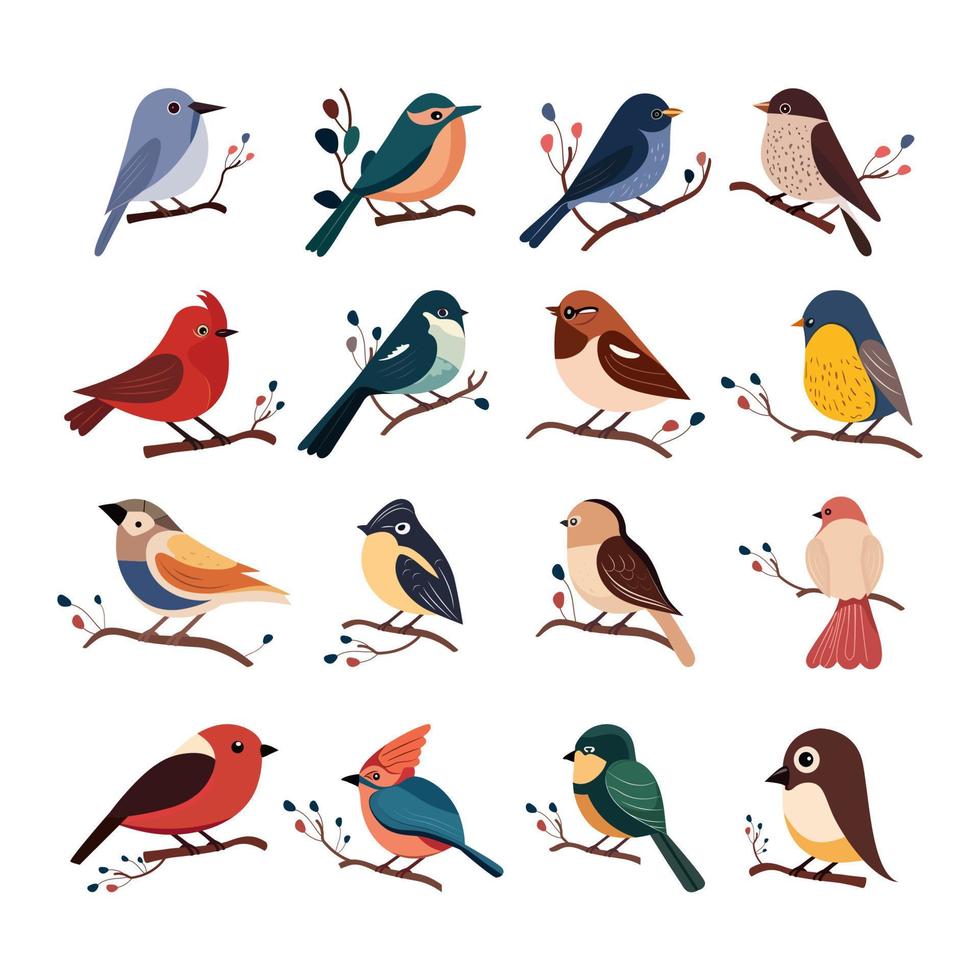 Various Types Birds Sitting On Floral Branch Icon Set. vector