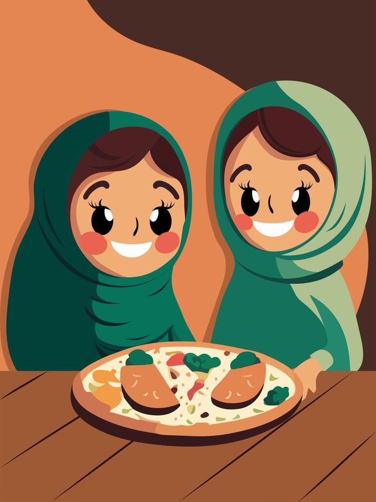 Cheerful Muslim Girls Characters With Foods Plate On Wooden Table And Abstract Background. vector