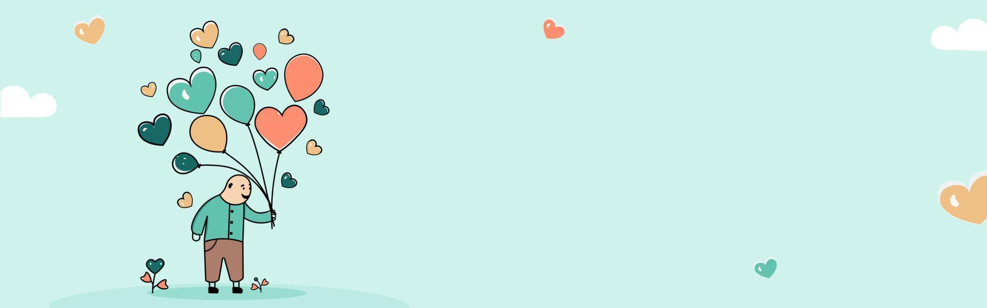 Funny Man Character With Flying Heart Shapes, Balloons On Pastel Blue Background And Copy Space. Love or Valentine Concept. vector