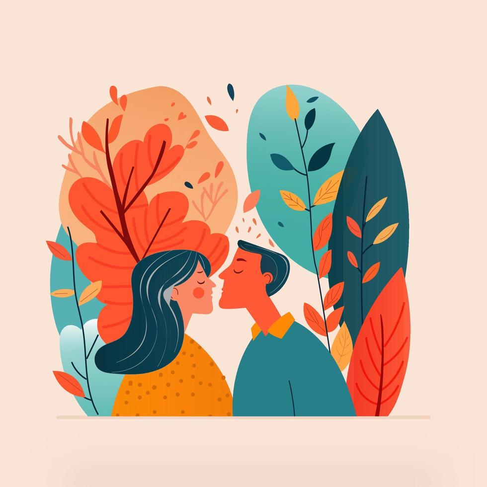 Young Couple Character Kissing On Nature Background. Valentine's Day Concept. vector