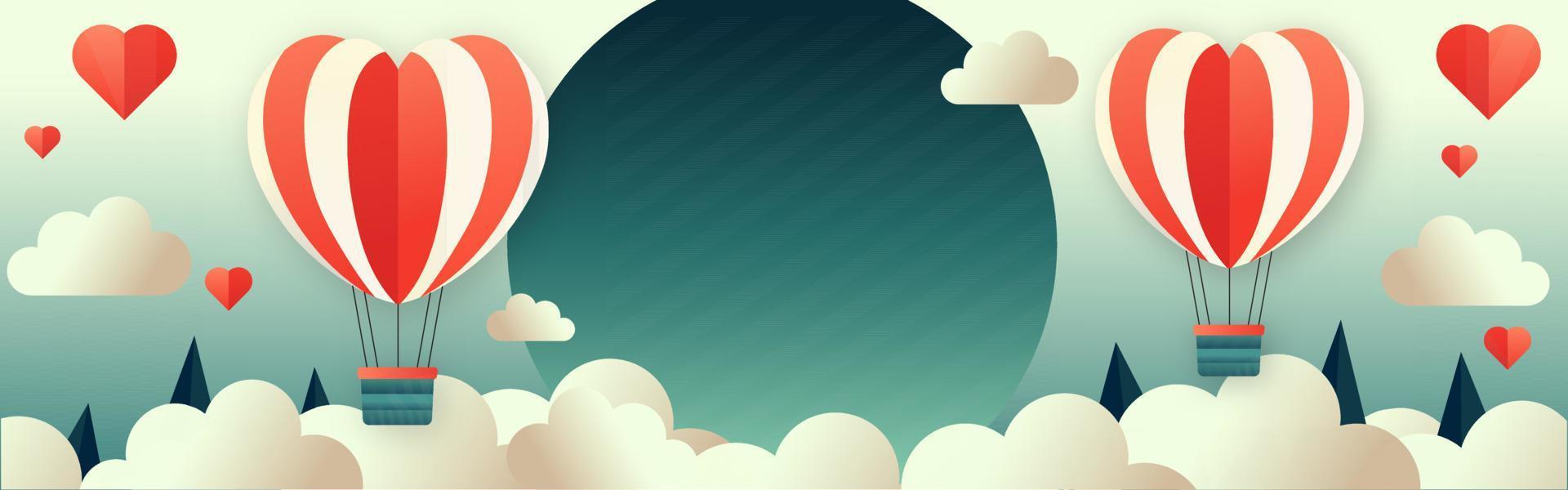 Illustration Of Heart Shape Balloons With Round Frame On Clouds, Conical Trees Background. Love Or Valentine's Day Concept. vector