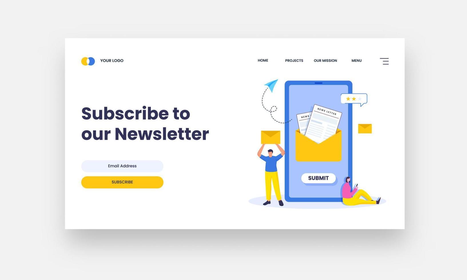 Subscribe To Our Newsletter Based Landing Page With Feedback And Mail Submit From Smartphone. vector
