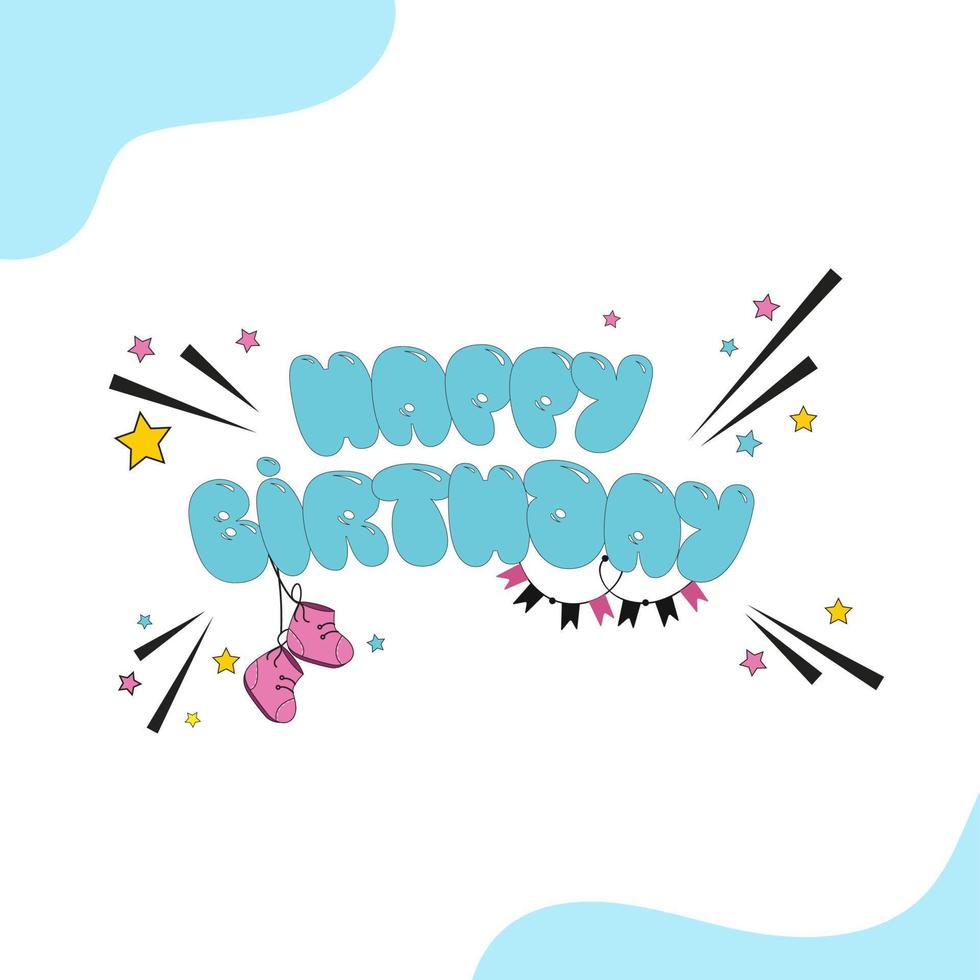 Happy Birthday Greeting Card With Hanging Kids Shoes On Decorative Background. vector