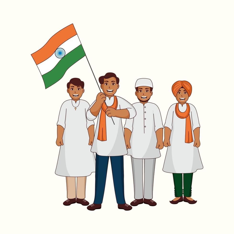 Different Religion Men Showing Unity In Diversity Of India With Hold National Flag On White Background. vector
