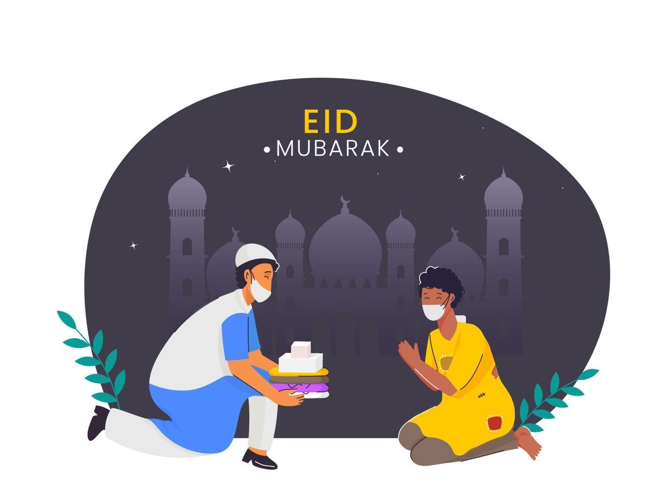 Islamic Festival Eid Mubarak Concept with Muslim Man Helping the Poor. Mosque on Background. Eid celebrations during Covid-19. vector