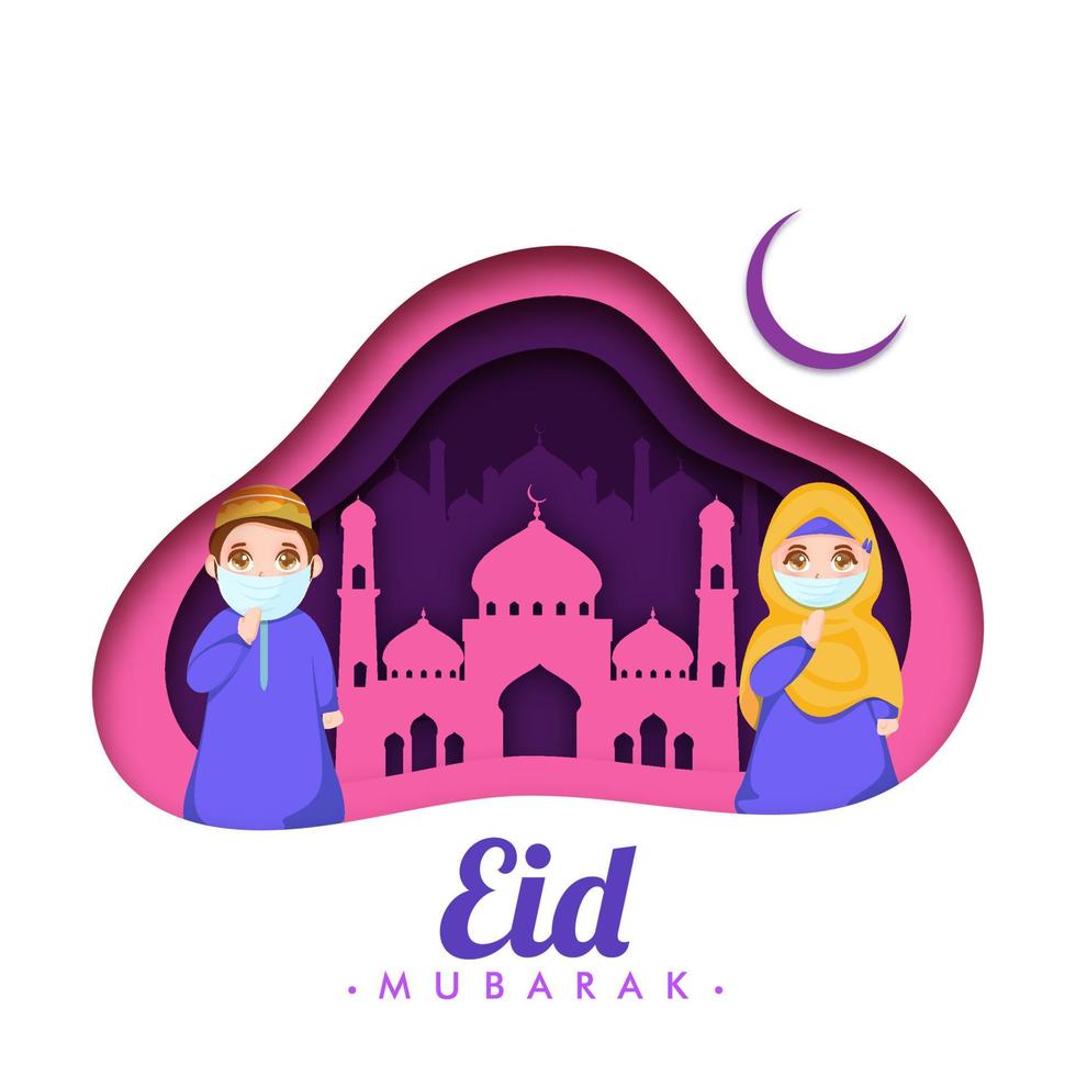 Islamic Festival Eid Mubarak Concept with Muslim Man and Woman wearing mask, Greetings on occasion of Eid Mubarak. Crescent moon and mosque on background. Eid celebrations during Covid-19. vector
