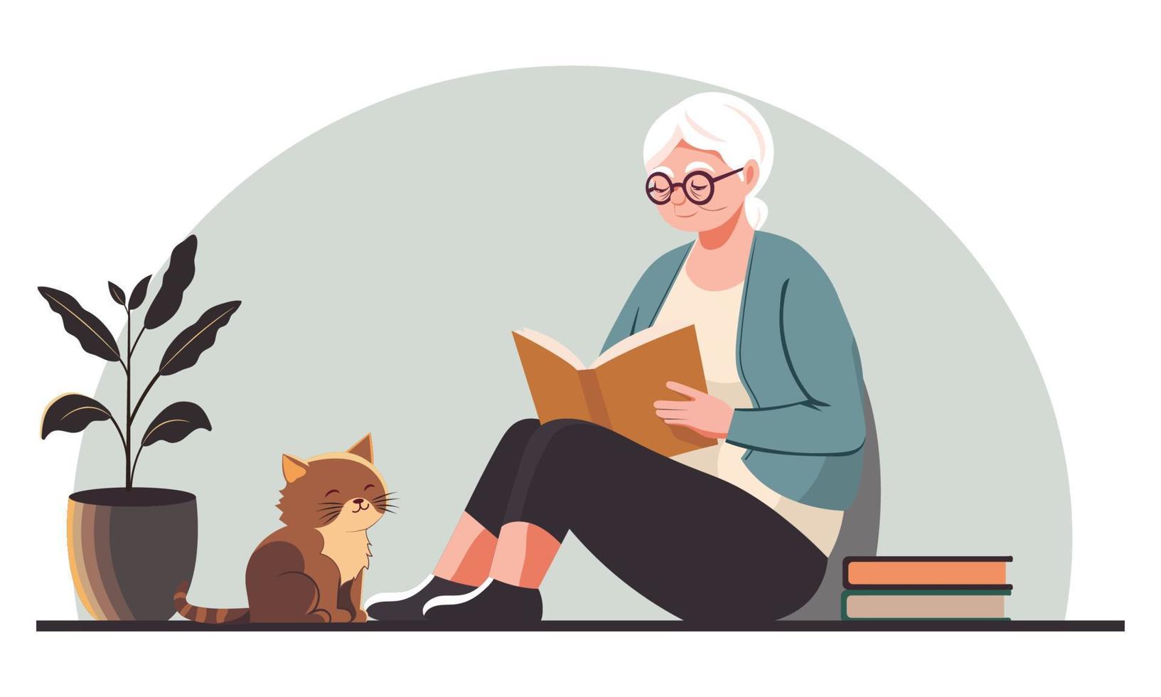 Elderly Woman Character Reading A Book With Cute Cat Sitting, Plant Vase On White And Pastel Gray Background. vector