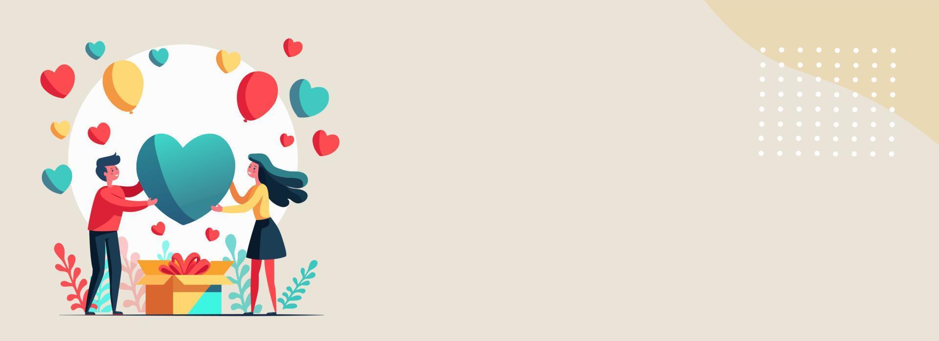 Happy Valentine's Day Concept With Young Boy And Girl Character With Colorful Hearts, Balloons Gift Box, Leaves On Beige Background And Copy Space. vector