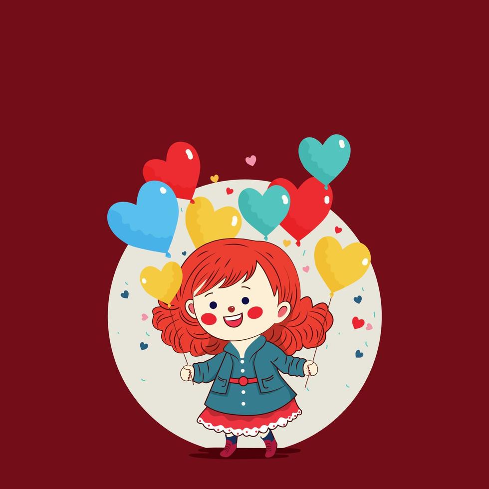 alegre linda niña en pie con vistoso corazón forma globos en blanco y rojo antecedentes. vector