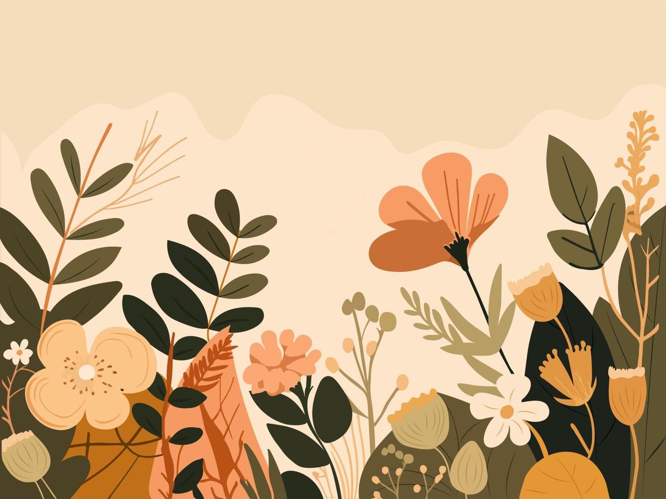 Flowers With Leaves, Buds Decorated On Pastel Peach Background. vector