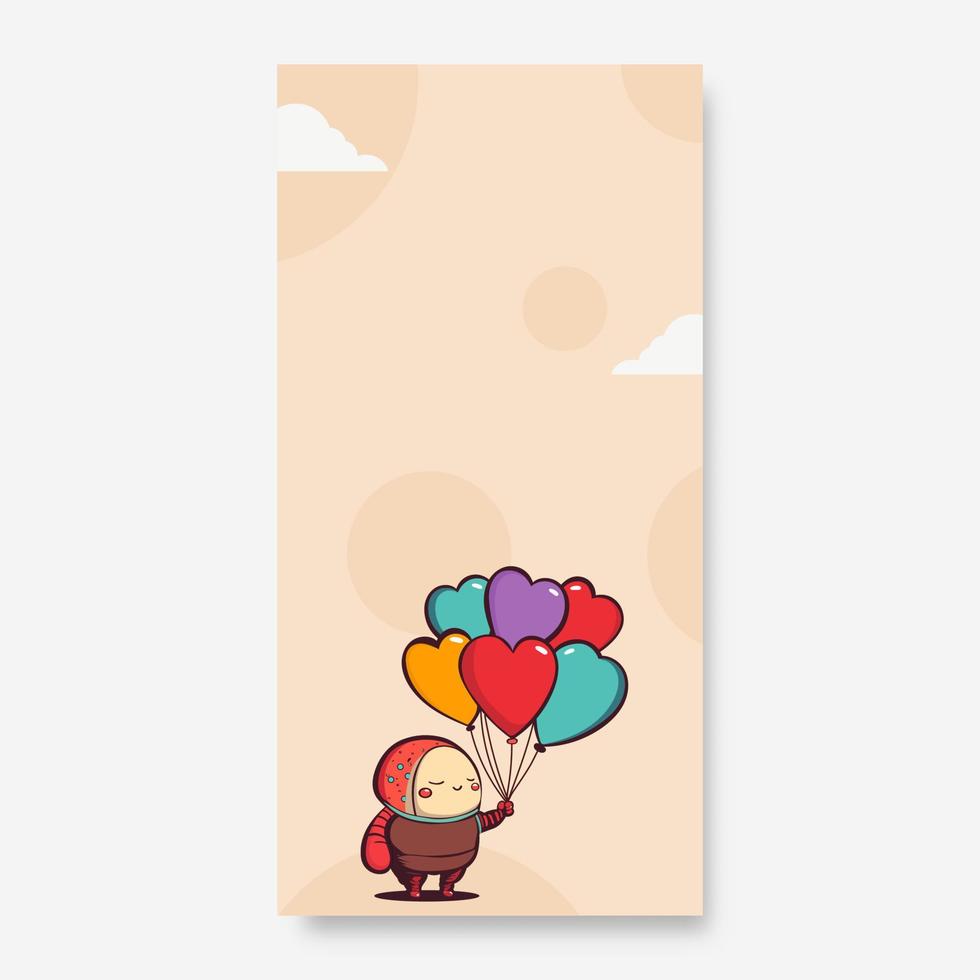 linda bebé participación vistoso corazones globos en contra nube con círculos beige antecedentes y Copiar espacio. amor o san valentin día concepto. vector