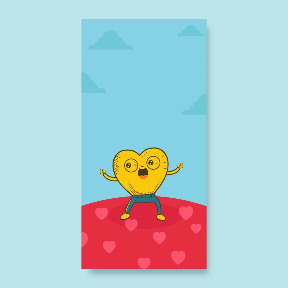 Cheerful Yellow Heart Mascot With Clouds On Hearts Landscape Background And Copy Space. Love Or Valentine's Day Concept. vector