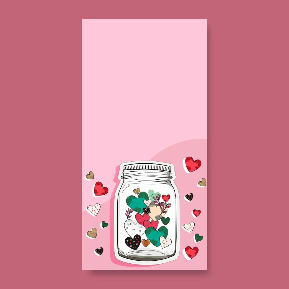 Vector Colorful Hearts With Leaves Inside Glass Jar Sticker On Pink Background And Copy Space. Love or Valentine's Day.