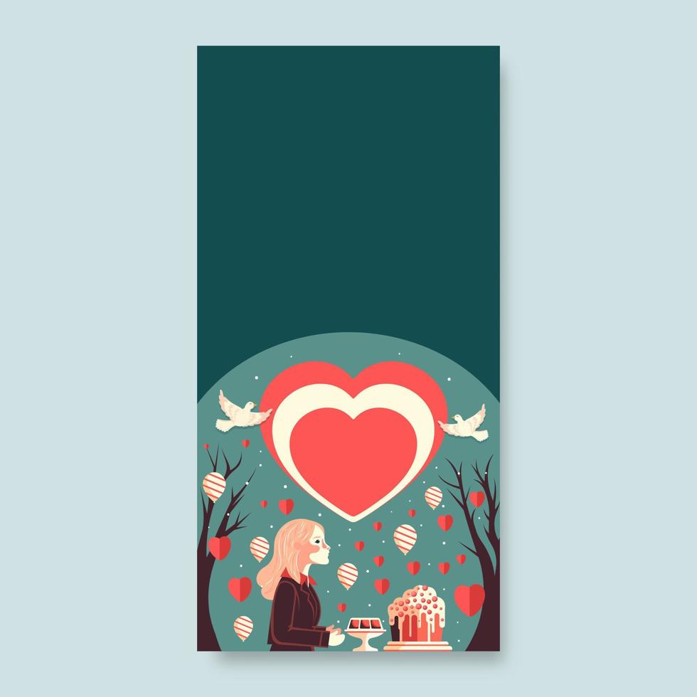 Valentine's Day Background With Young Girl Character, Desserts, Balloons, Paper Hearts, Bare Trees And Flying Doves. vector