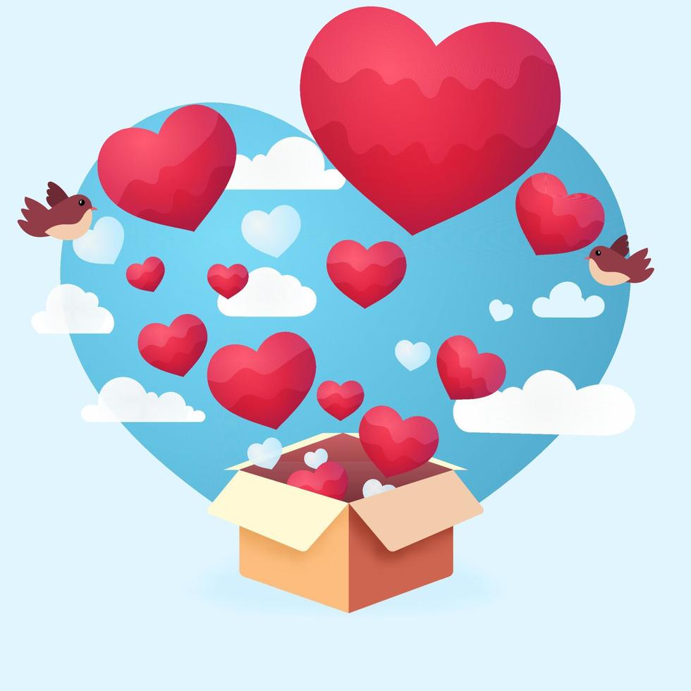 Hearts Coming Out of Cardboard Box With Flying Birds On Clouds Background. Valentine's Day Concept. vector