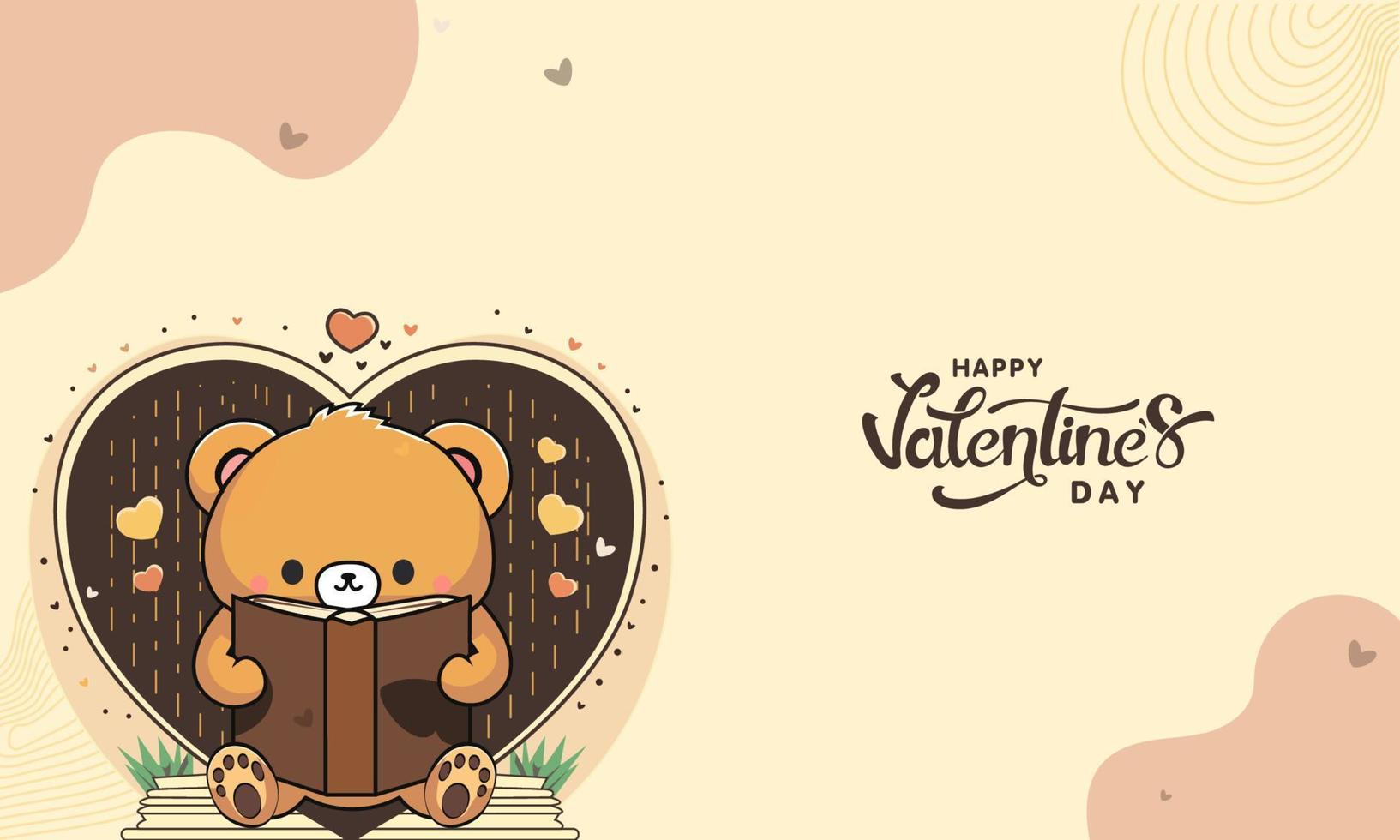 Happy Valentine's Day Concept With Cute Teddy Bear Reading A Book, Heart Shapes. vector