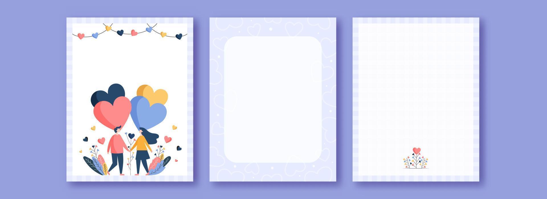 Valentine's Day Greeting Cards With Young Couple Character Holding Hands Together, Colorful Hearts And Space For Text. vector