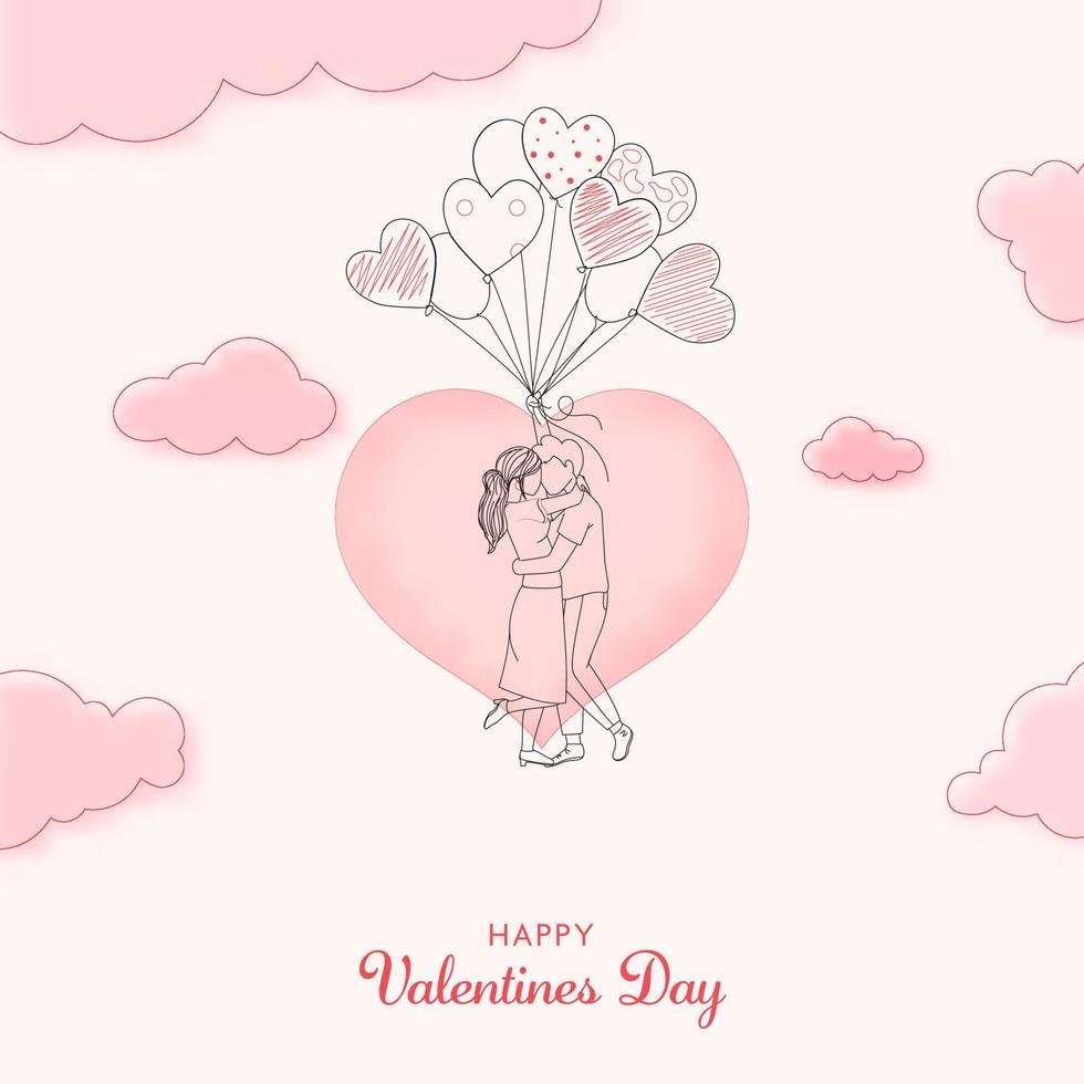 Happy Valentine's Day Concept, Doodle Embracing Young Couple With Balloon Bunch On Pink Heart And Clouds Background. vector
