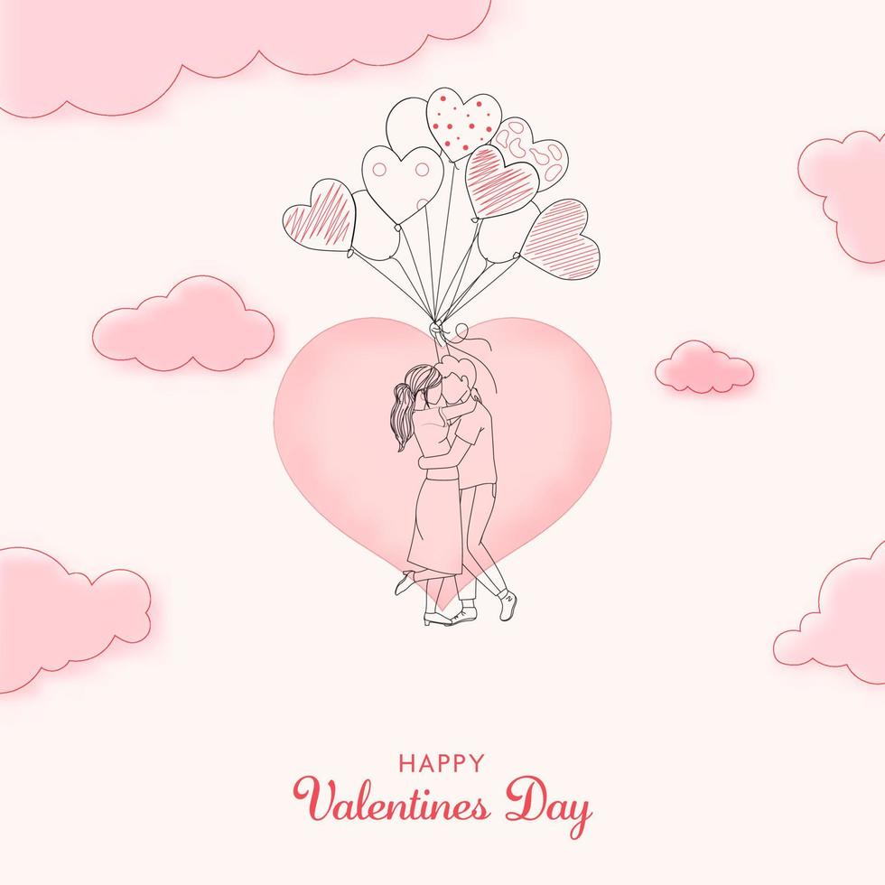 contento San Valentín día concepto, garabatear abrazando joven Pareja con globo manojo en rosado corazón y nubes antecedentes. vector