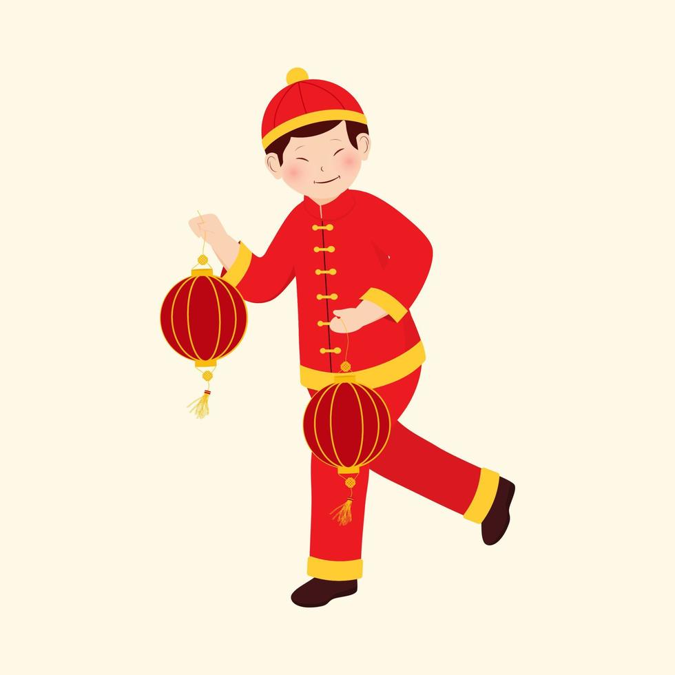 Character of Chinese Young Boy Holding Lanterns In Walking Pose On Beige Background. vector