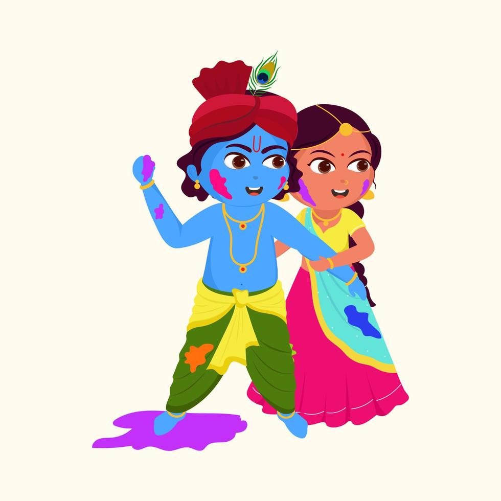 travieso pequeño señor Krishna y radha jugando con colores en beige antecedentes. contento holi concepto. vector