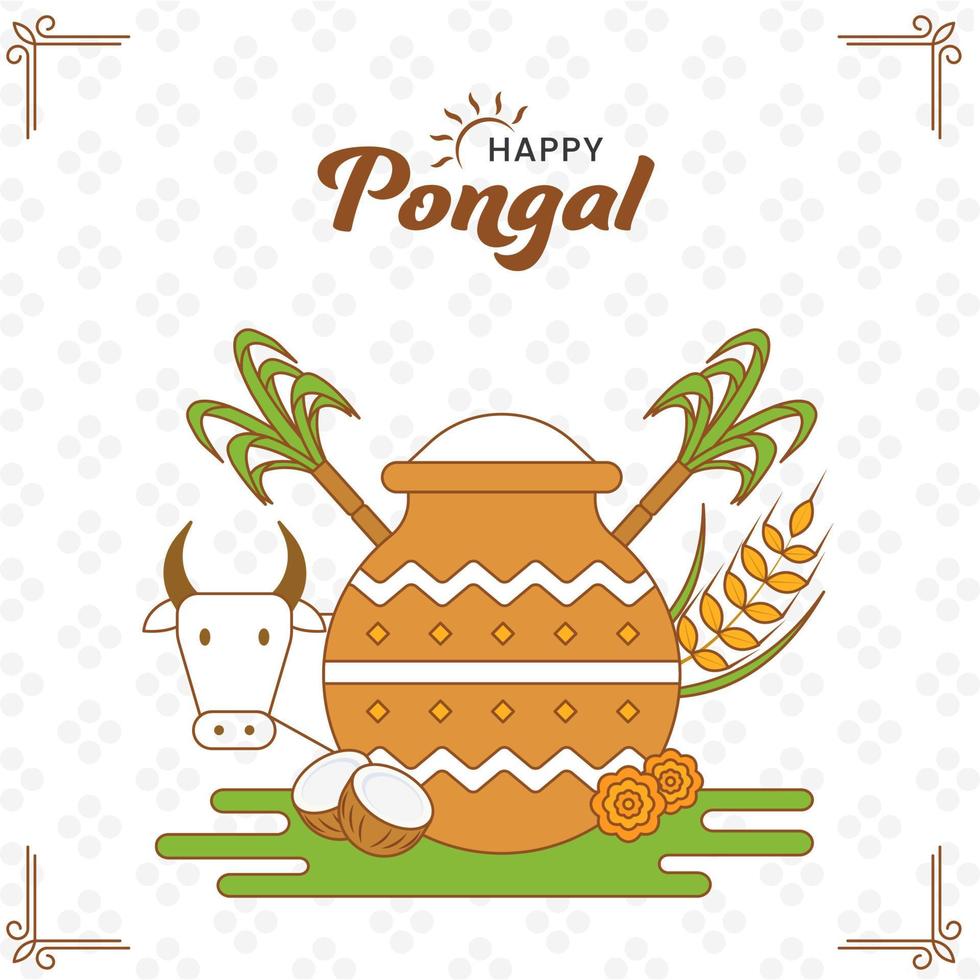 Happy Pongal Celebration Greeting Card With Festival Elements Against Dense Dotted Rhombus Pattern White Background. vector