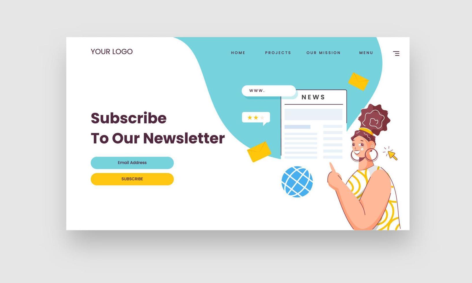 Subscribe To Our Newsletter Hero Banner With Young Woman Character. vector